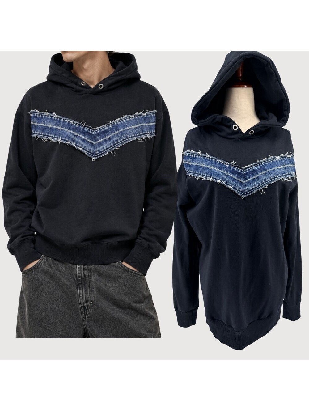 Diesel Frayed Denim Chevron Hoodie Black M